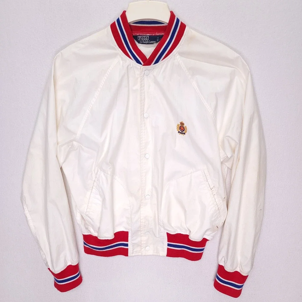Polo Ralph Lauren‎ Vintage Mens M White Varsity Bomber Jacket Crest Logo
